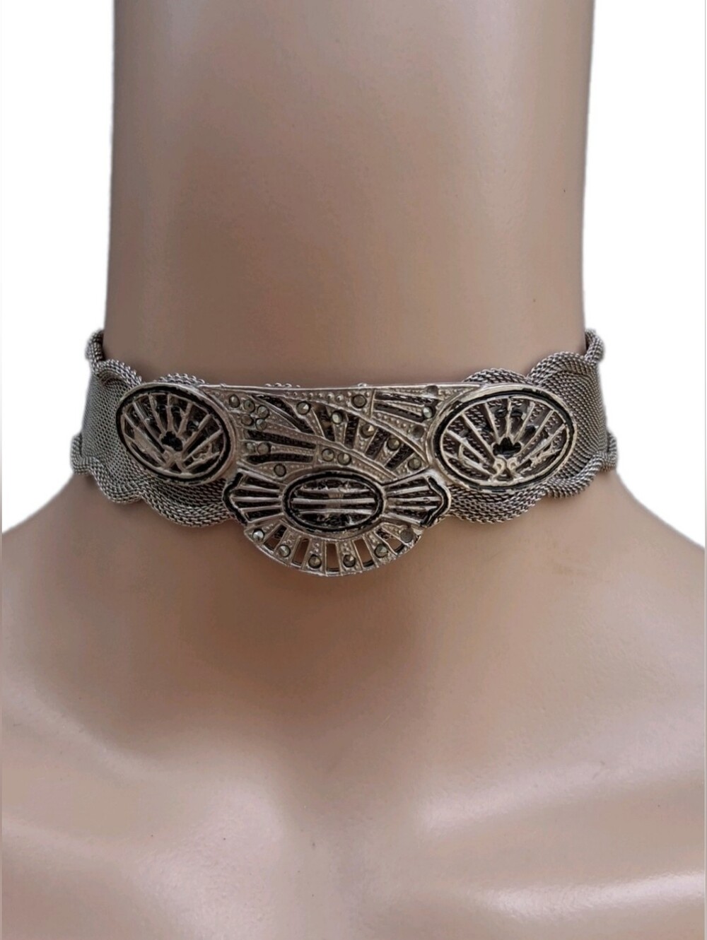 Vintage Sandor Co Marcasite Art Deco Mesh Choker Necklace Scalloped